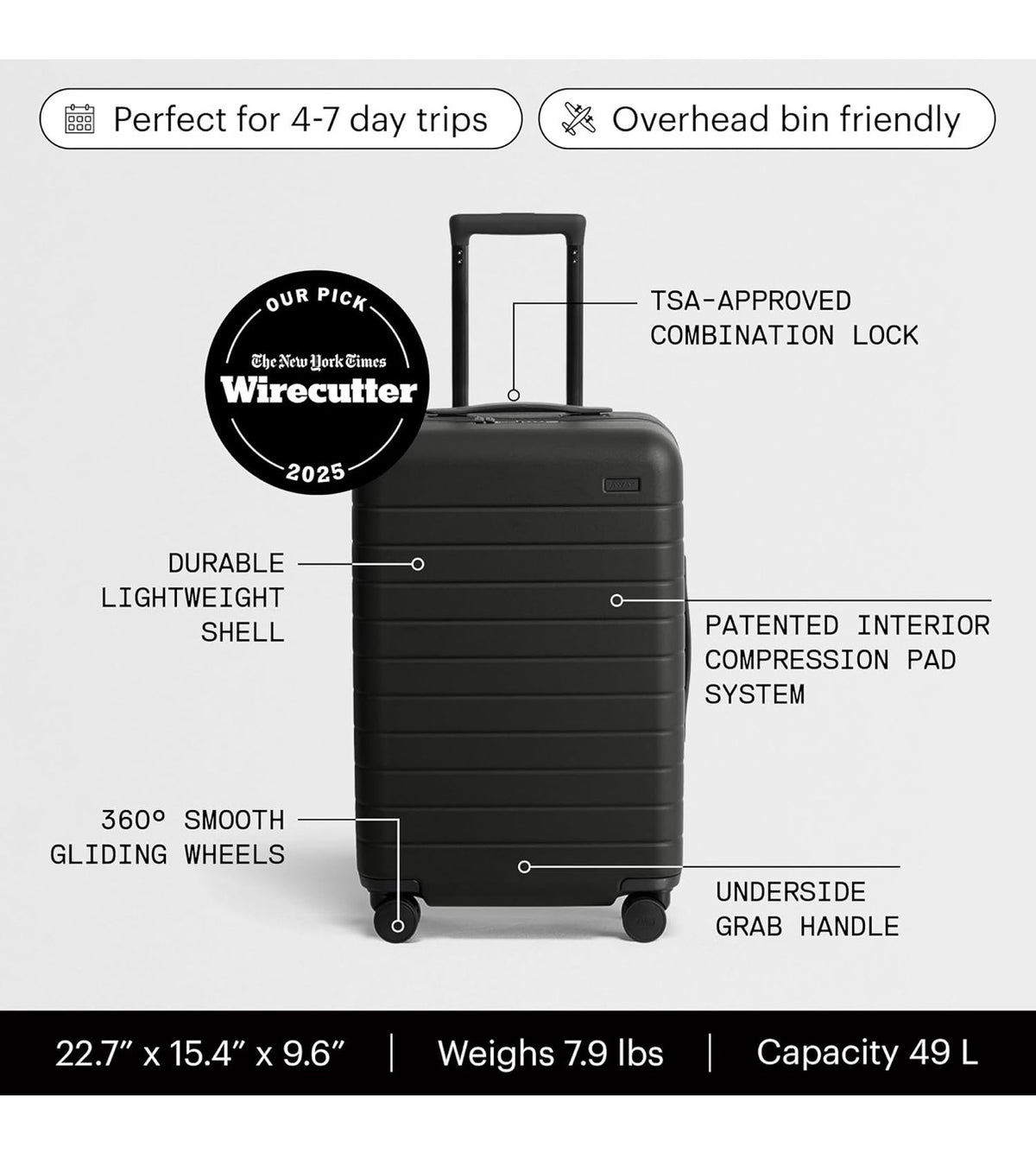 Away Bigger Carry-on Luggage, 23 Inch Lightweight Hardside Spinner Suitcase Durable & Lightweight, Premium 360 Degree Spinner Wheels, Interior Compression System, TSA Approved Lock (Jet Black) (New in Box)