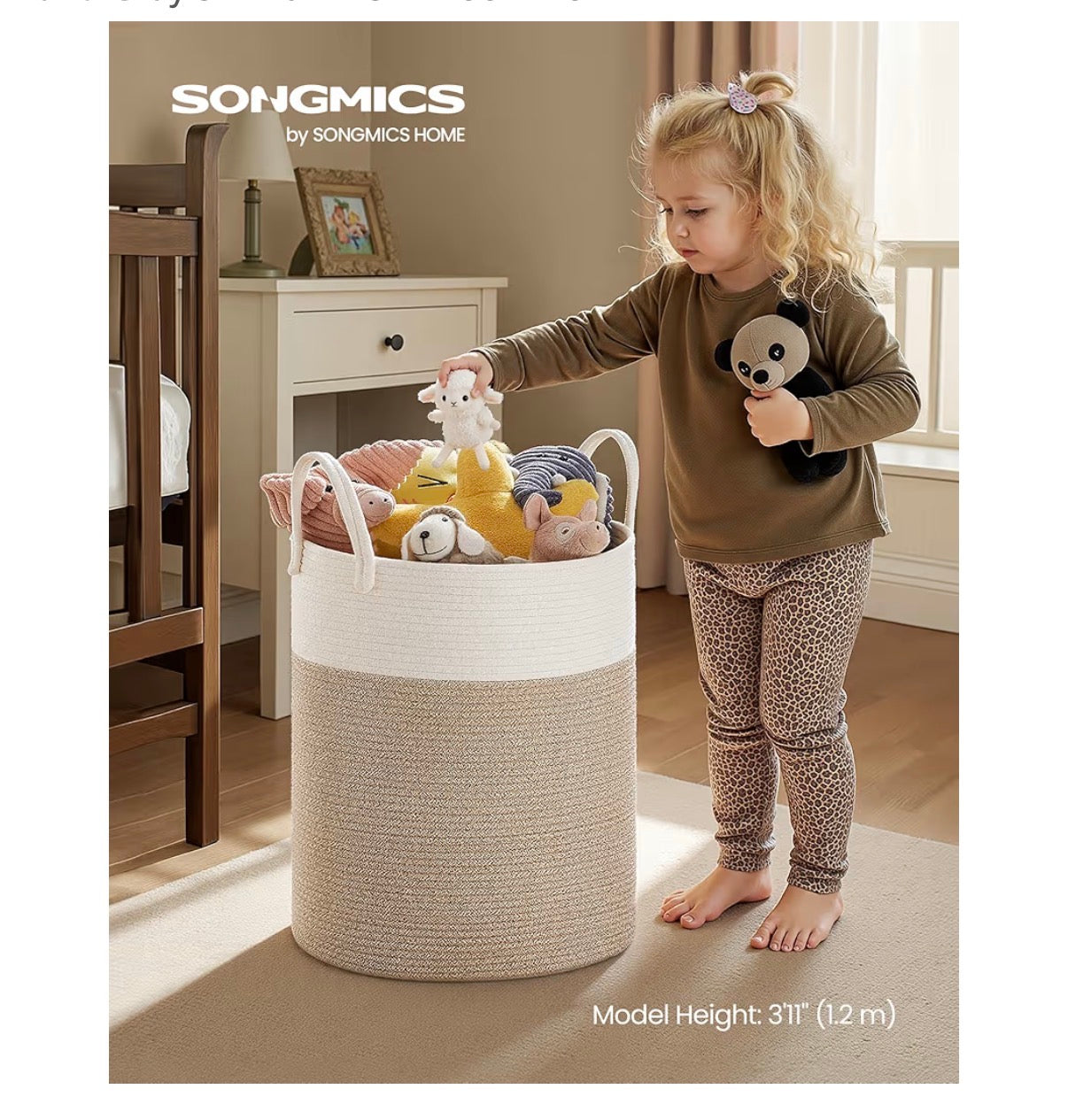 SONGMICS Laundry Hamper, Cotton Rope Laundry Basket with Handles (White/Brown) (New)