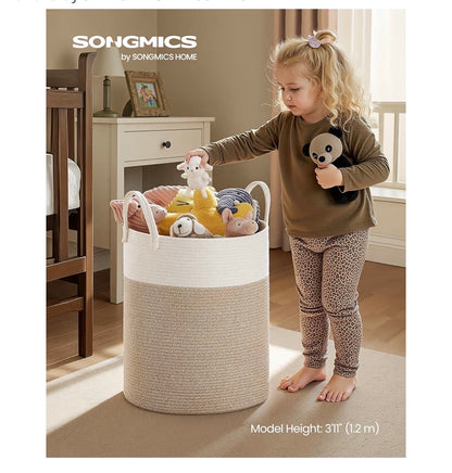 SONGMICS Laundry Hamper, Cotton Rope Laundry Basket with Handles (White/Brown) (New)