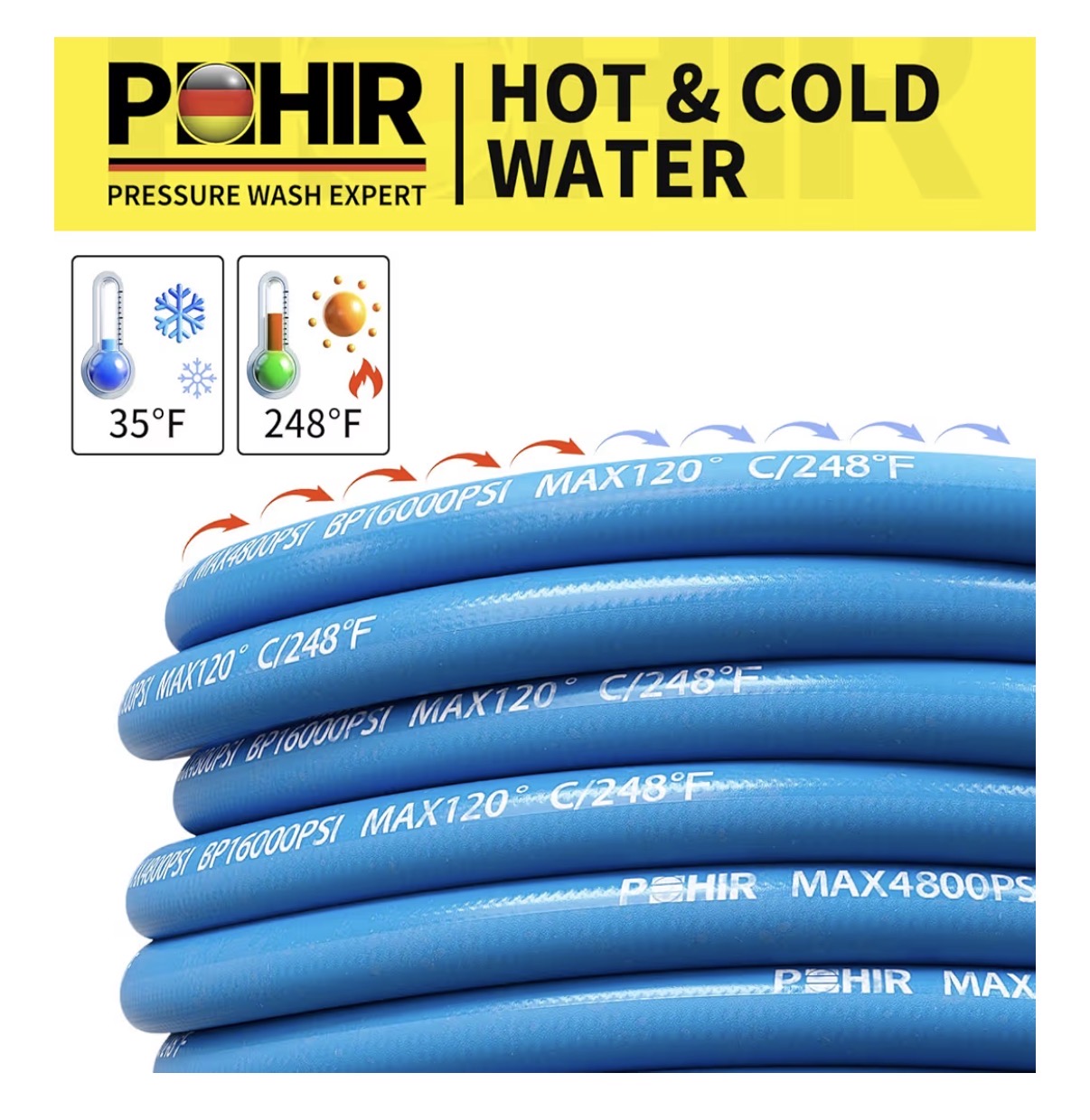 100 Ft Pressure Washer Hose 3/8 Inch 4800 PSI, Kink Resistant Industrial Grade Hose with Quick Connect Ends and Adapters for Hot & Cold Water Steel Wire Braided Hose for Power Washing