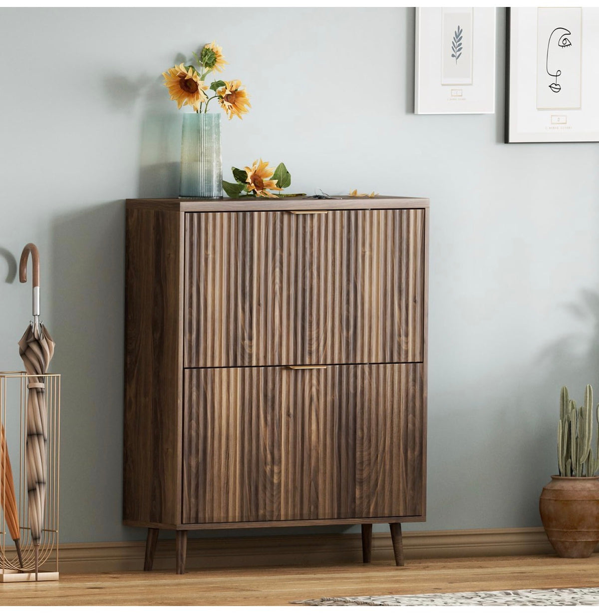 Shoe Cabinet Storage Modern Freestanding Organizer with 2 Flip Drawers Narrow Shoe Rack for Entryway (Walnut) (New in Box; Needs to be Assembled)