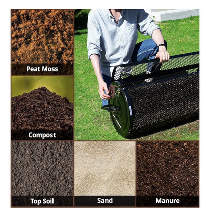 Compost Spreader 44 Inch Towable Peat Moss Spreader with Installation Accessories, Metal Mesh Roller Lawn Spreader for Top Soil, Manure, Mulch, Top Dressing-Garden Spreaders for Lawns