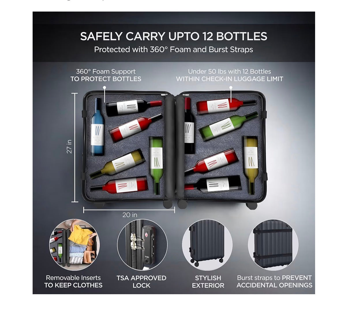 Boldworks Wine Suitcase for Airplanes 12 Bottle Wine luggage for Airplane Travel with TSA Approved Lock and Removable Insert to Carry Liquor (Black) (New in Box)
