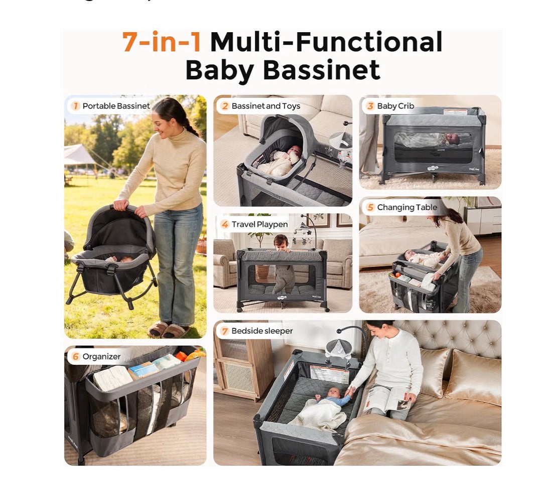 Pamo Babe Pack and Play with Bassinet - 7 in 1 one step setup bedside crib , portable playpen, travel crib, baby play yard with diaper changing station, toy bar & large storage bag