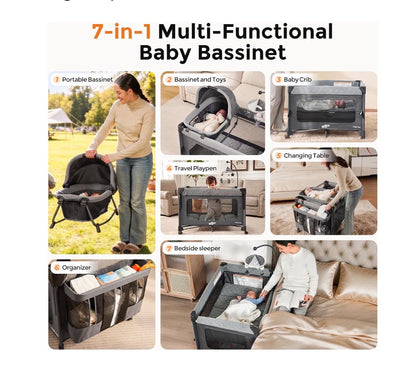 Pamo Babe Pack and Play with Bassinet - 7 in 1 one step setup bedside crib , portable playpen, travel crib, baby play yard with diaper changing station, toy bar & large storage bag