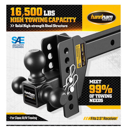Drop Hitch Adjustable Trailer Hitch, Tow Hitch with 6 Inch Drop/Rise for Truck, Adjustable Drop Hitch Fits 2.5 Inch Receiver, Trailer Hitches with Double Anti-Theft Pins Locks