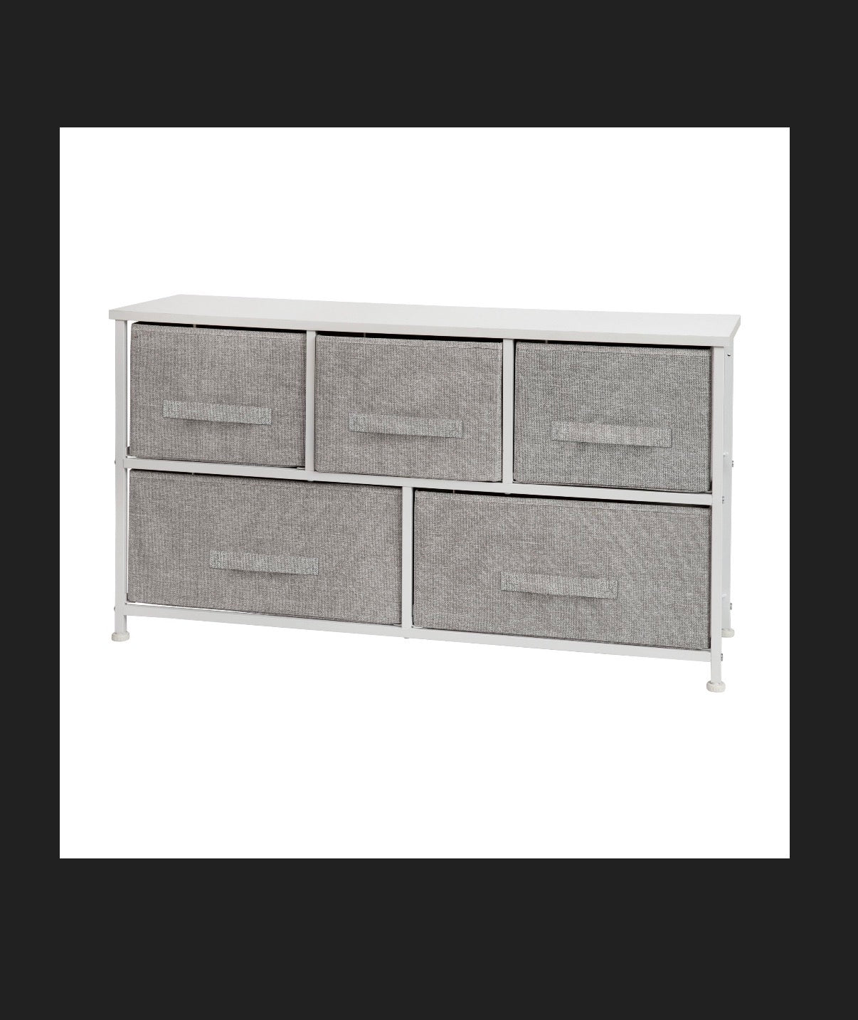 Flash Furniture 5 Drawer Wood Top White Cast Iron Frame Vertical Storage Dresser with Light Gray Easy Pull Fabric Drawers
