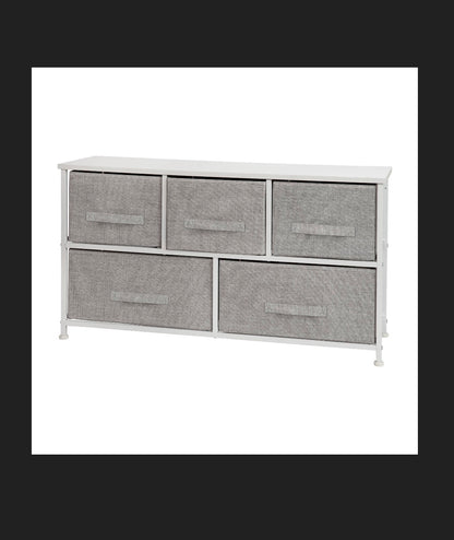 Flash Furniture 5 Drawer Wood Top White Cast Iron Frame Vertical Storage Dresser with Light Gray Easy Pull Fabric Drawers
