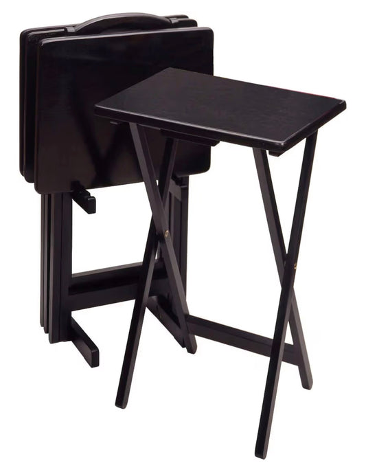 Winsome Alex Set of 4 Foldable Snack Tables with Storage Rack, Easy to Store Portable Fold Up Table Set for Kitchen, Living Room Tv Dining, Crafts, Puzzle, Work from Home 15"X19"X26" (Black)