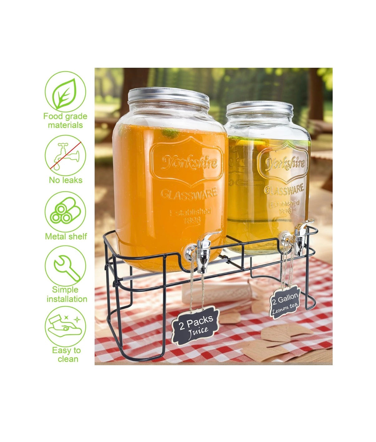 2 Gallon Larger Glass Drink Dispenser for Parties, 2 Packs Juice Lemonade Ice Tea Water Dispenser with Stand, Henable Beverage Dispensers with Spigot for BBQ, Picnic, Party (New in Box)