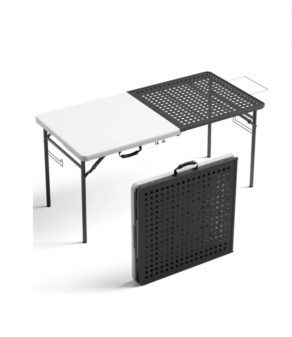 5 Foot Folding Camping table with Metal Grid Grilling Surface, Portable Outdoor Grill Stand Table with Handle for BBQ, Grilling, Camping Trip, RV, Pinic, Backyards, Tailgating (New in Box)