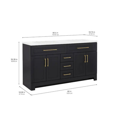 Cauley 60 Inch Black Double Sink Bathroom Vanity with White Cultured Marble Top (New in Box)