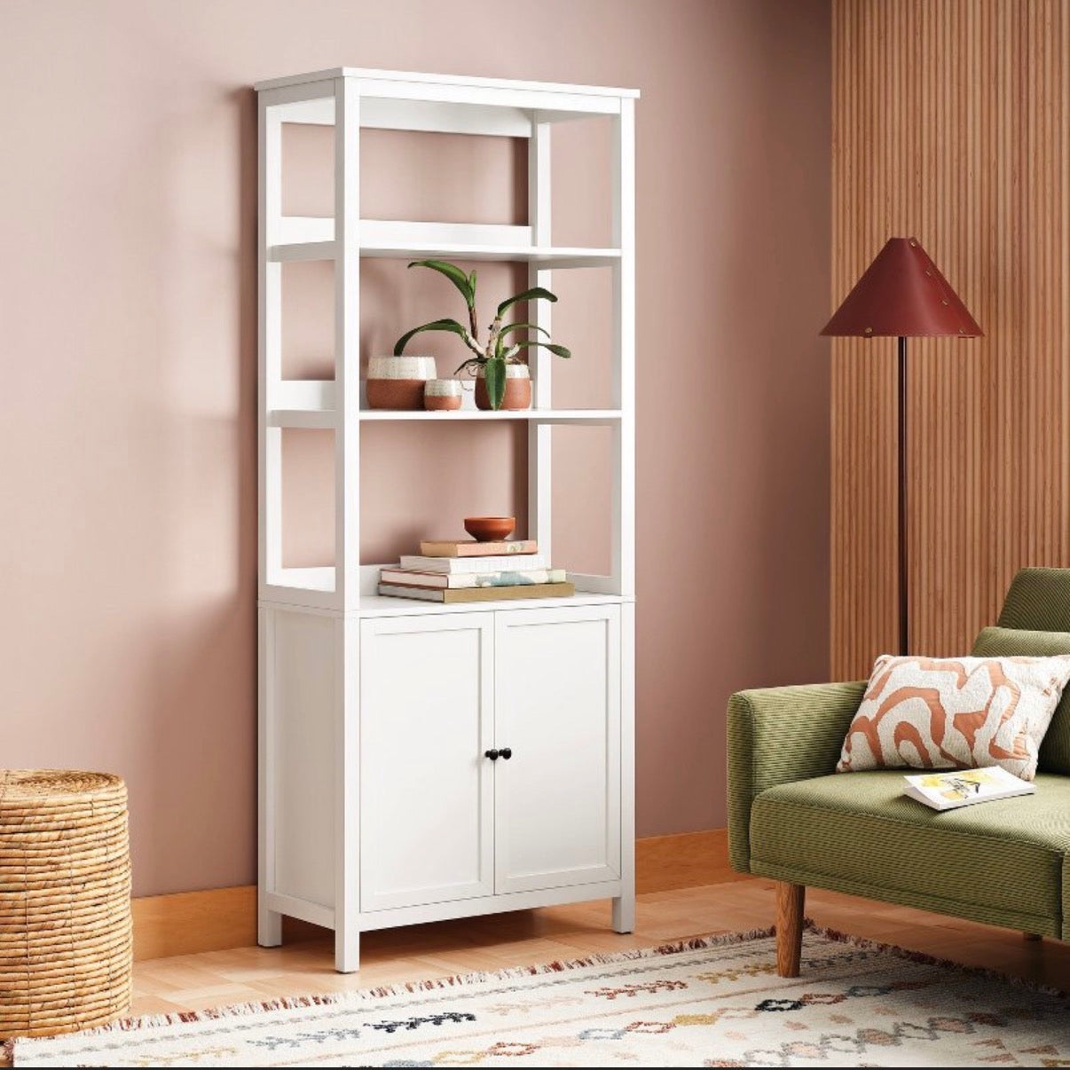 72 Inch Bookcase Traditional with Three Open Shelves and Cabinet (White) (New in Box)