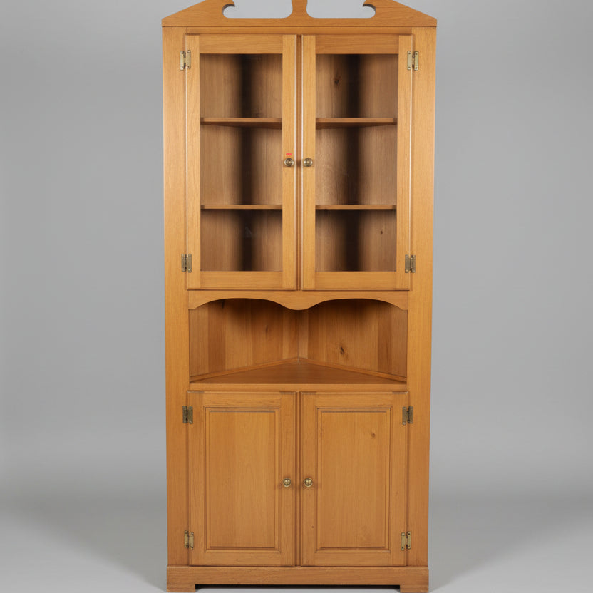 Medium Tone Glass Front Wood Corner Cabinet