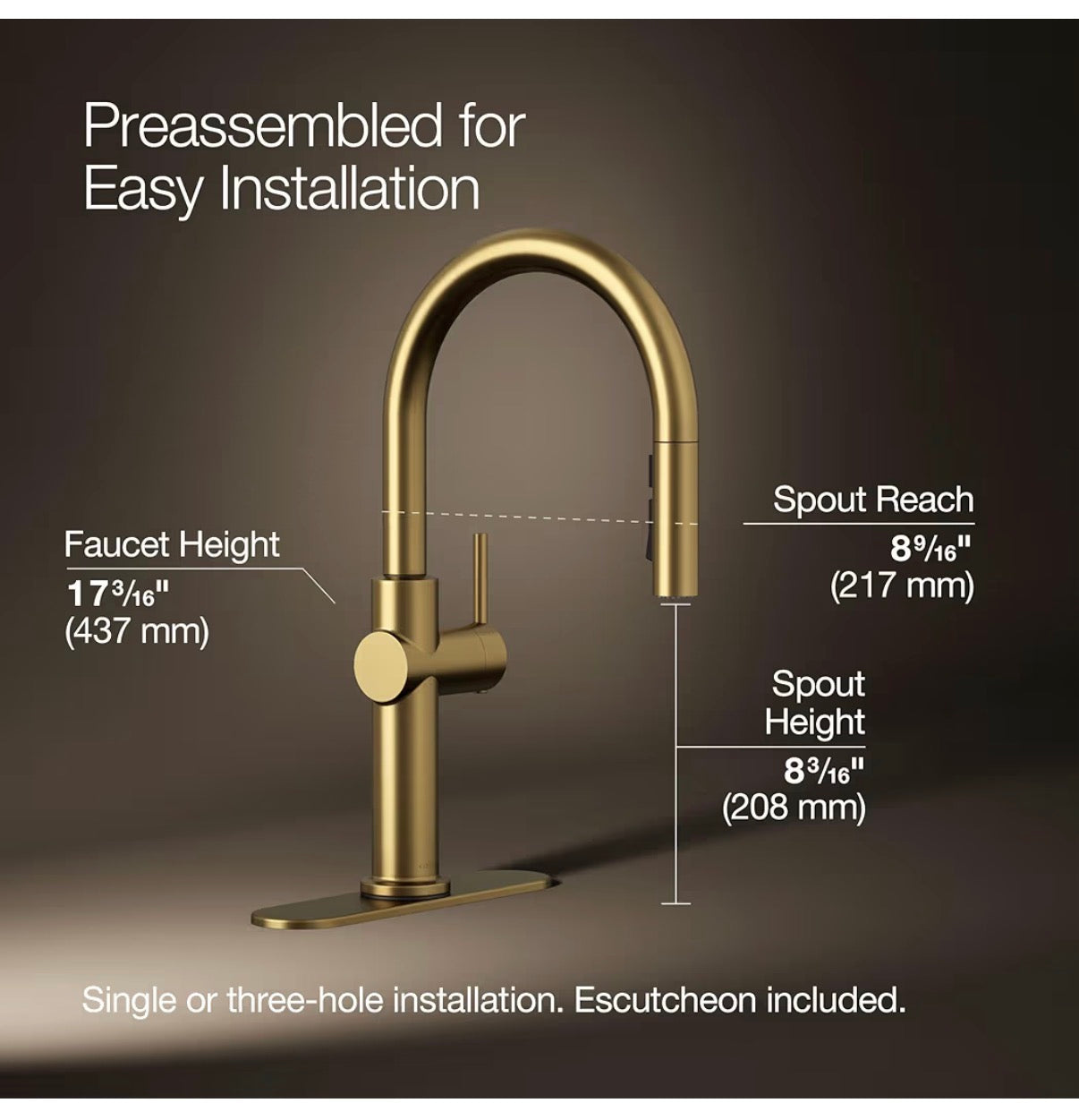 Kohler Crue Pull Down Kitchen Faucet, Pull Down Sprayer (Vibrant Brushed Modern Brass) (New in Box)