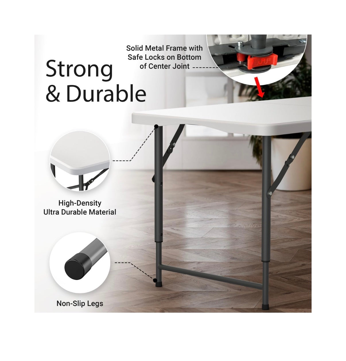 4ft. Foldable Table Adjustable Height with Built in Handle, Steel Legs, Perfect for Party, Dining, Wedding Events, Picnic Indoor/Outdoor (White) (New in Box)