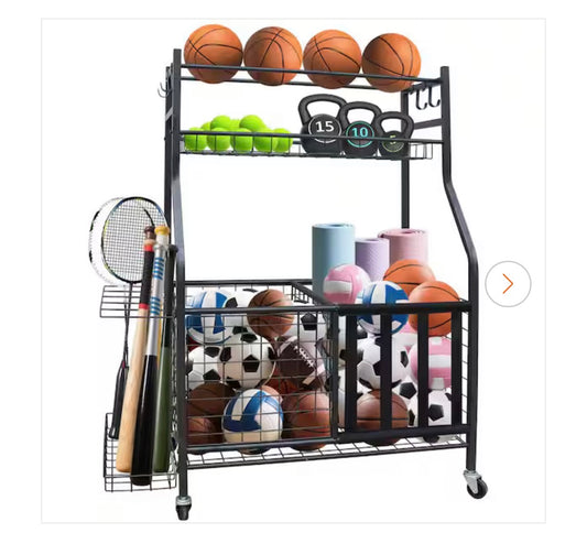 3 Tier Black Metal Large Capacity Ball Sports Equipment Storage Rack with Wheels for Indoor/Outdoor (New in Box)