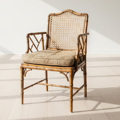 Vintage Chinese Chippendale Faux Bamboo Wood Arm Chair C.1960