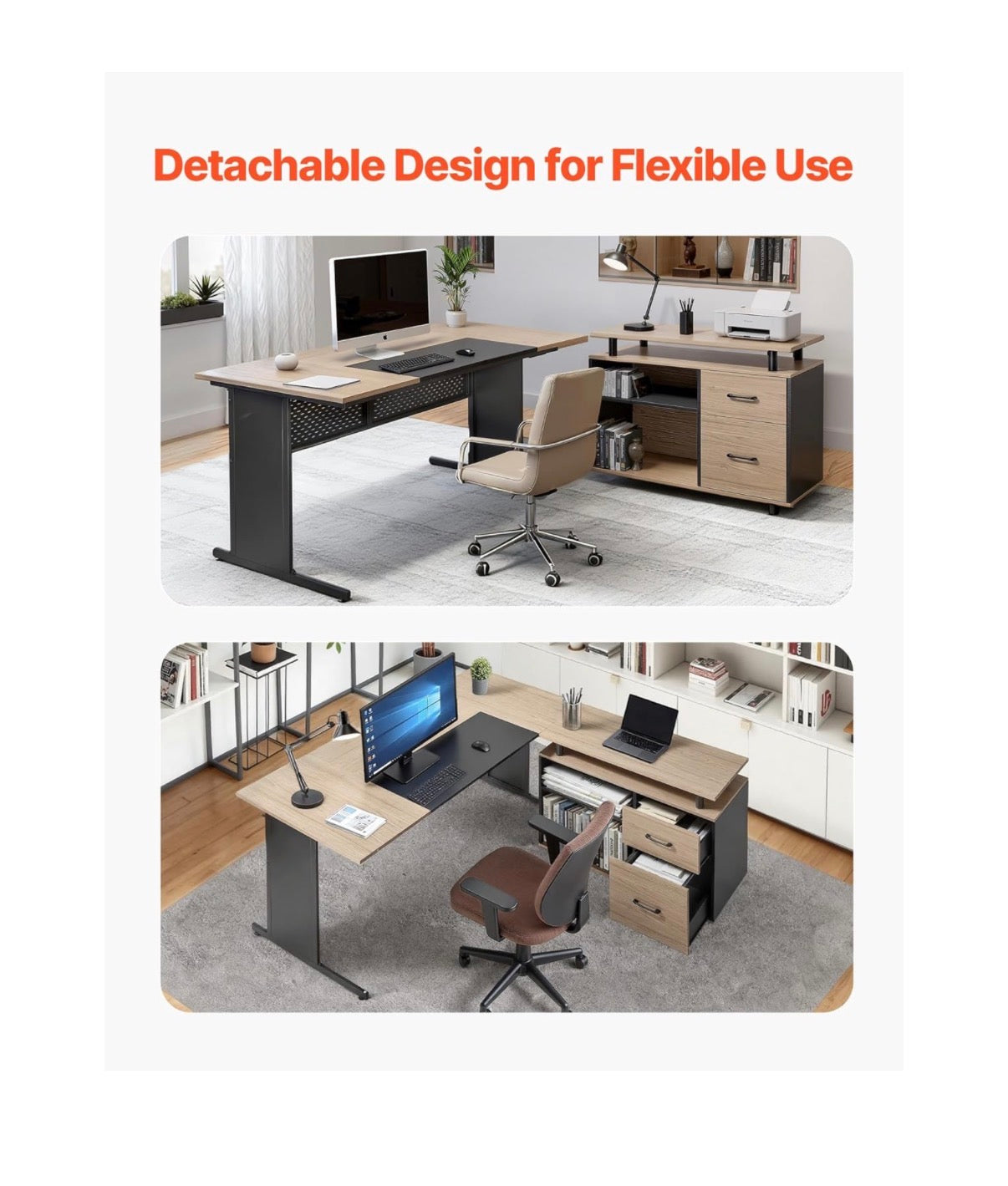 63 Inch L-Shaped Executive Desk, Large Office Desk with Drawers, File Storage Cabinet, Detachable 350lbs Load Capacity Corner Table, Easy Assembly, Business Furniture, Workstation for Home Office (Tan/Black) (New in Box)