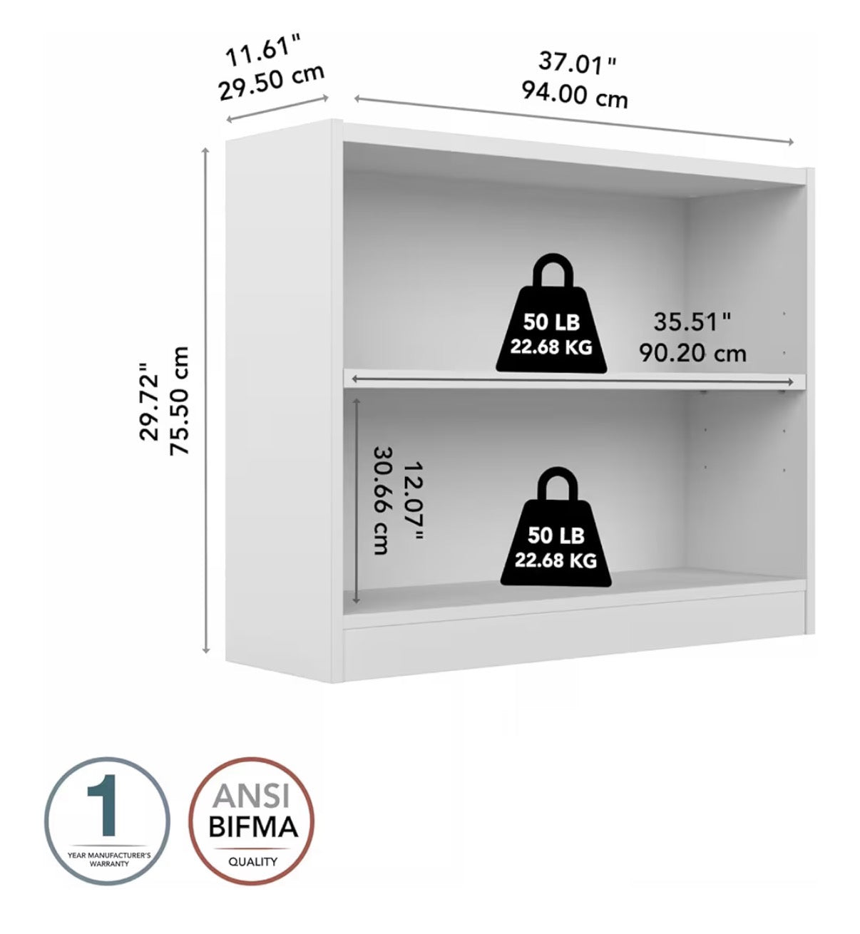 Bush Home Small 2 Shelf Bookcase, 2 Tier Bookshelf Storage Cabinet with Adjustable Shelf for Living Room, Bedroom or Home Office, Universal Collection (White) (New in Box)