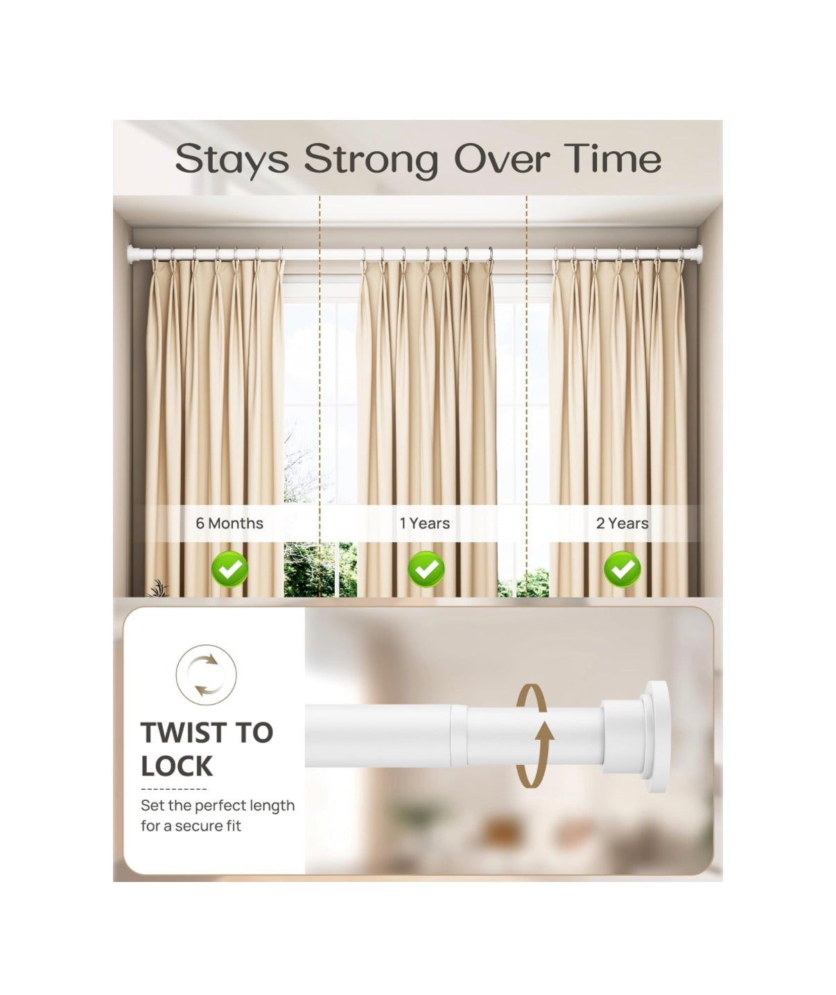 Heavy Duty Tension Curtain Rod by EZFurni, 42 to 76 Inches, Anti-Slip Spring Loaded Curtain Rods No Drilling, Apartment Renter Friendly Tension Rod for Windows, Bathroom, Closet & Doors (White) (New in Box)