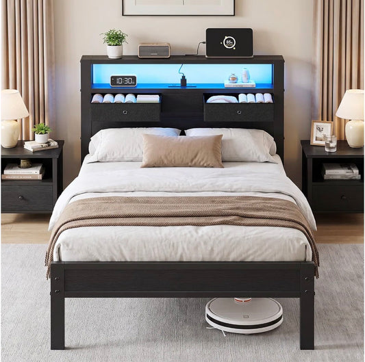 Twin Size Bed Frame with Storage Headboard and 2 Fabric Drawers 2 Tier Wood Shelf, Type C USB Charging Station, LED Light, Metal Platform Bed, Noise Free, No Box Spring, Easy Assembly (New in Box)