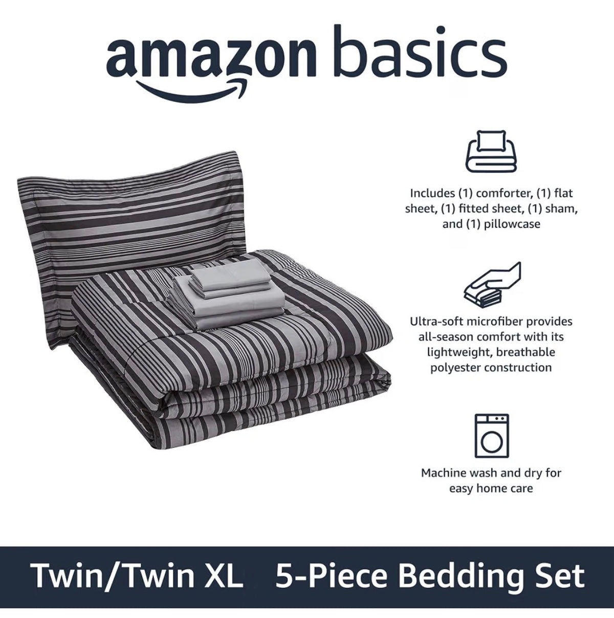 Amazon Basics 5 Piece Lightweight Microfiber Comforter Set with Sheets, Bed in a Bag, Gray Calvin Striped Bedding Twin/Twin XL (New in Box)