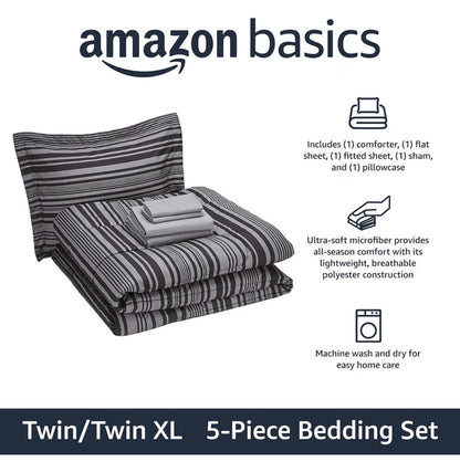 Amazon Basics 5 Piece Lightweight Microfiber Comforter Set with Sheets, Bed in a Bag, Gray Calvin Striped Bedding Twin/Twin XL (New in Box)