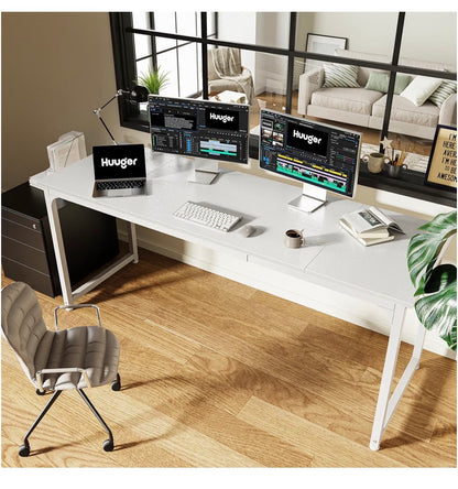 Huuger Computer Desk, 70 Inch Office Desk, Gaming Desk with Storage, Writing Desk for Home Office, Study, Long Simple Desk, Large Legroom, Metal Frame (White) (New in Box)