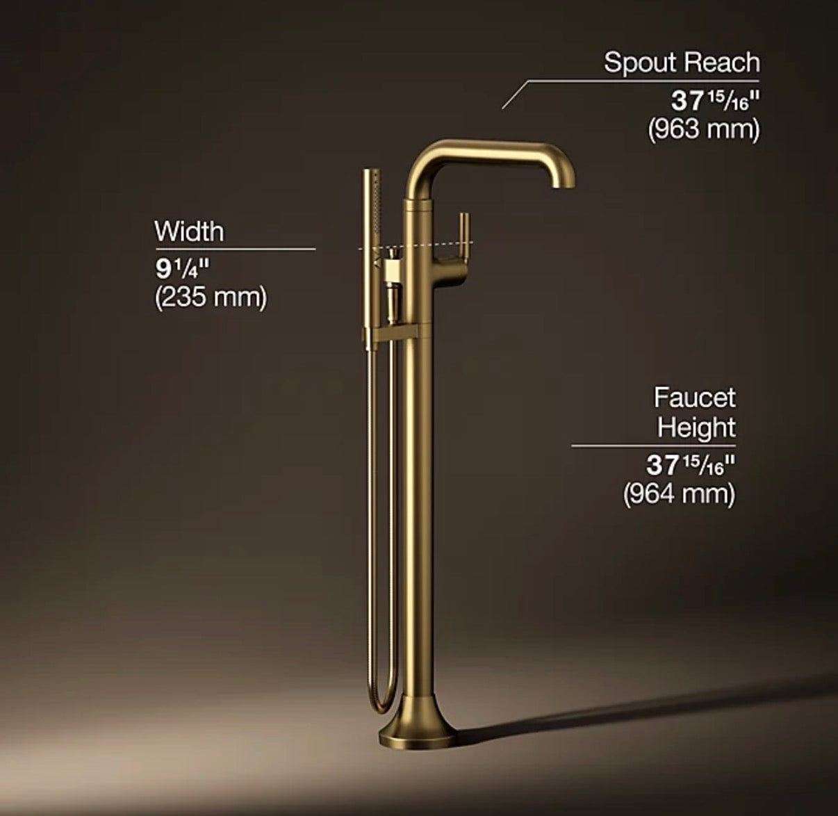 Floor Mount Bath Filler Trim with Handshower Vibrant Brushed Moderne Brass
