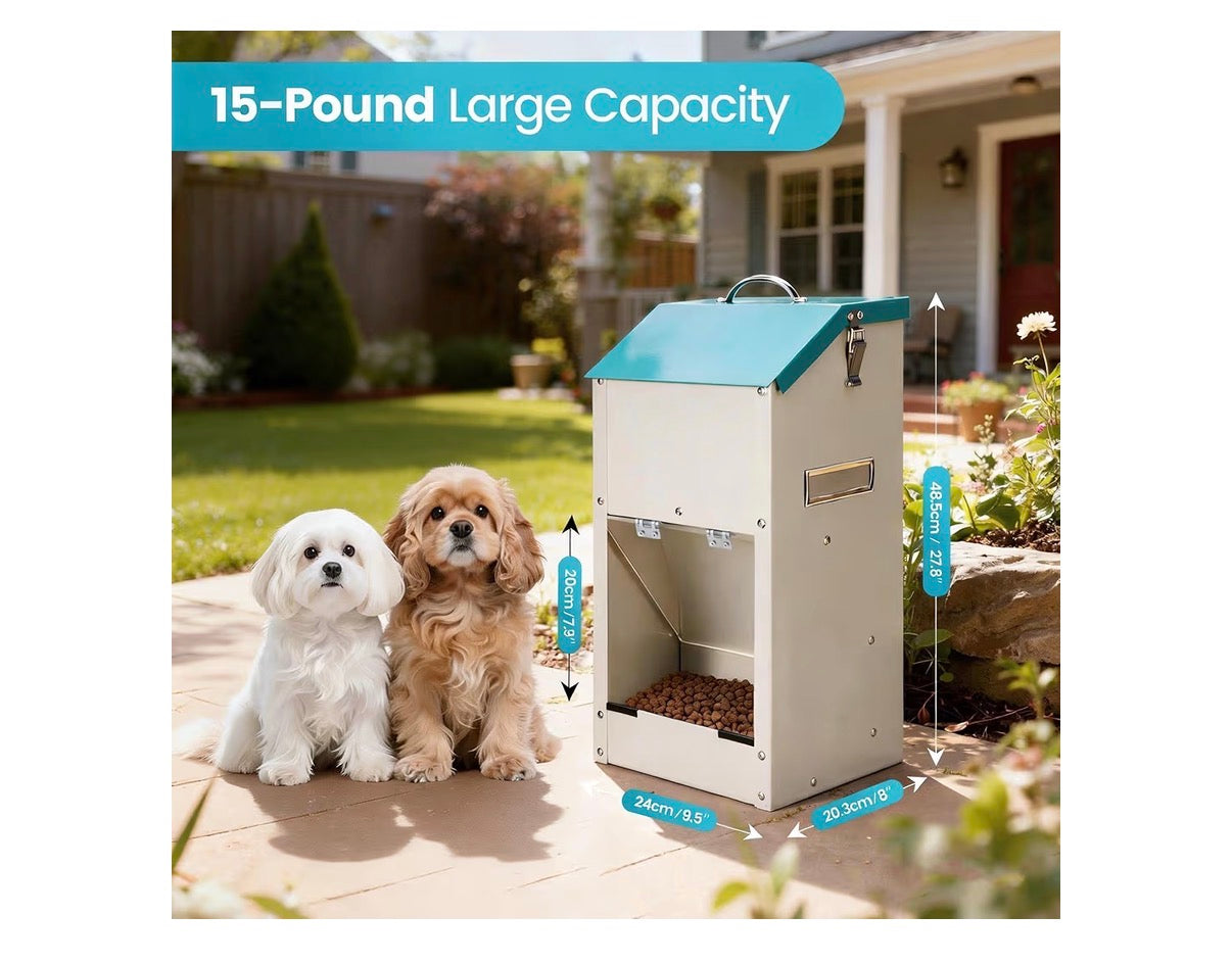 Automatic Dog Feeder Large Breed Outdoor & Indoor Galanized Dog Food Dispenser 15lbs Wall Mountable Gravity Pet FoodStation Auto Feeder Self Feeding with Clear Door for Puppy, Dog, Cat (New in Box)