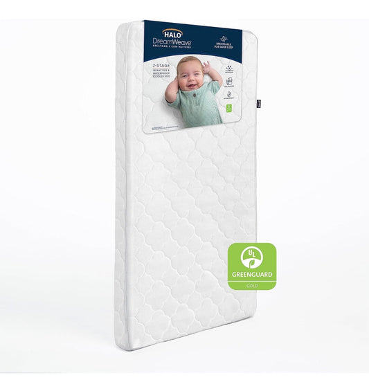 Halo Dream Weave Crib & Toddler Mattress 100 Percent Breathable Mattress and Core, Dual Sided 2 Stage Design, Machine Washable Cover, Hypoallergenic, Open Strand Polymer Core, Greenguard Cert. (new in Box)