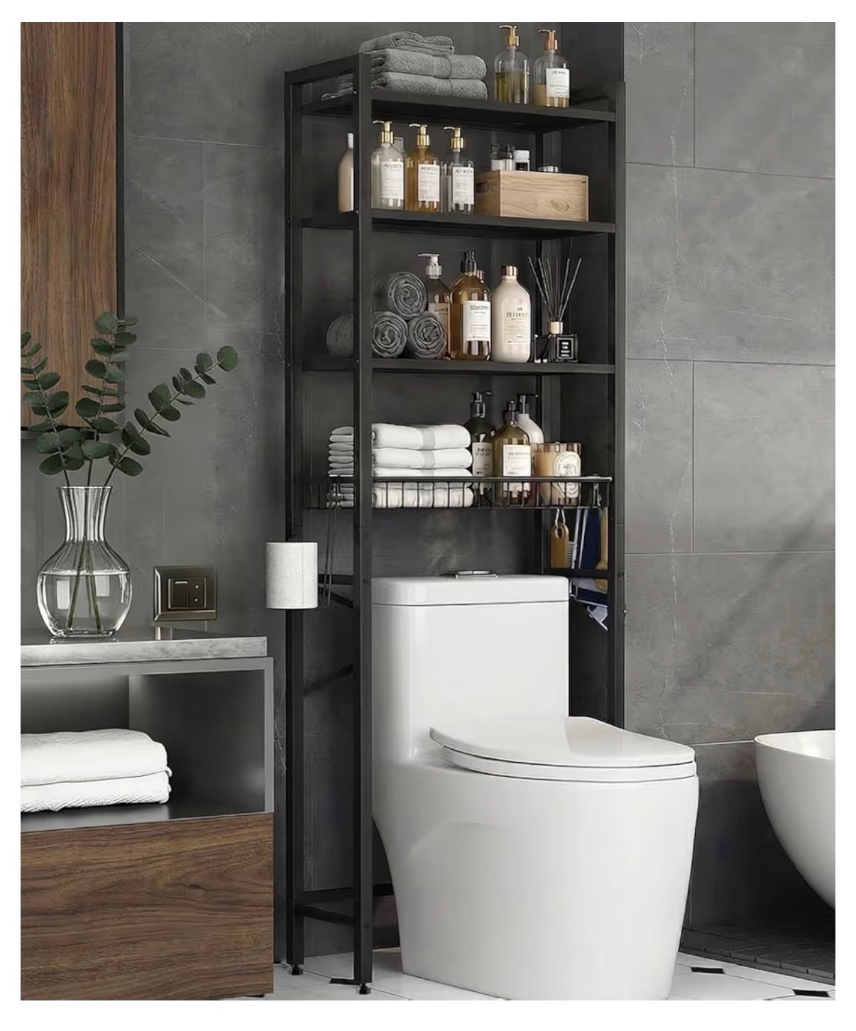 Over The Toilet Storage Rack, 4 Tier Adjustable Bathroom Organizer Over Toilet with Storage Basket & 4 Hooks, Space Saving Shelf, Rustproof Metal (Black) (New in Box)