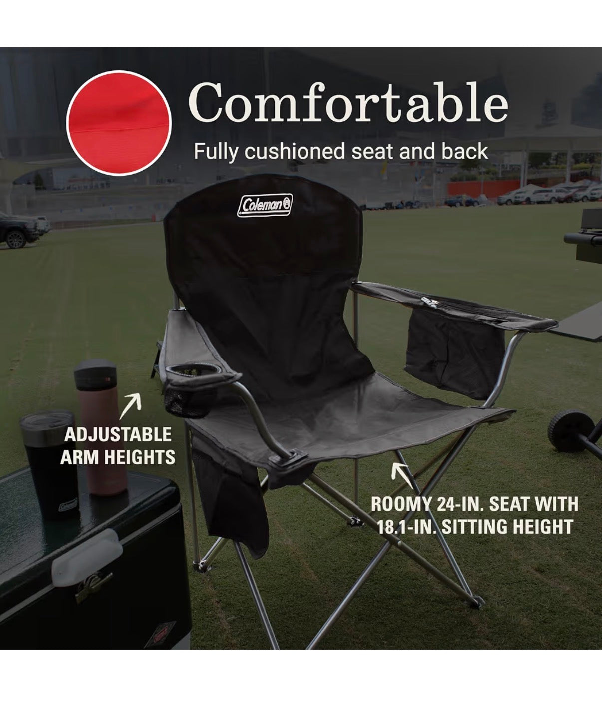 Coleman Poratble Camping Chair with 4-Can Cooler, Cushioned Seat & Back with Side Pockets & Cup Holder, Carry Bag Included, Great for Camping, Tailgating, Firepits, Patio & More (Red) (New in Box)