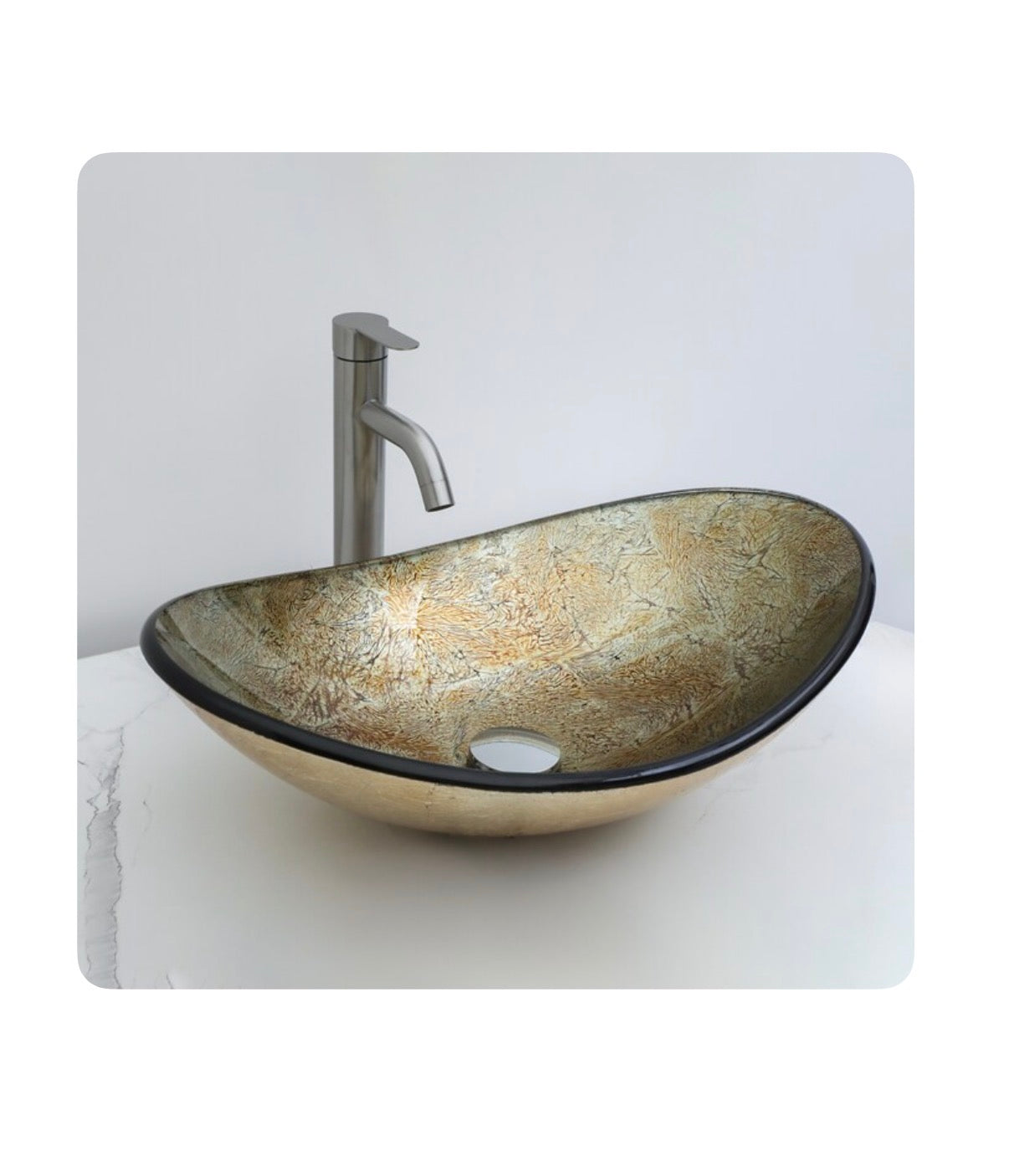 Glass 14 Inch Vessel Oval Modern Antique Gold Bathroom Sink with Drain (New in Box)