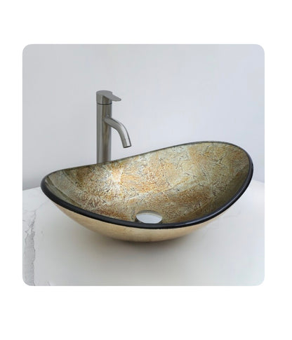Glass 14 Inch Vessel Oval Modern Antique Gold Bathroom Sink with Drain (New in Box)