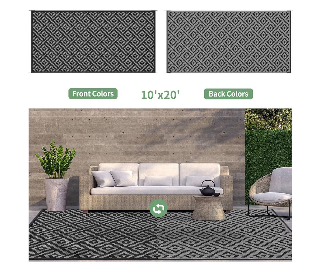 GENIMO Outdoor Rug, Waterproof Plastic Rugs 10 Ft. X 20 Ft. for Camping (Black/Gray) (New in Package)