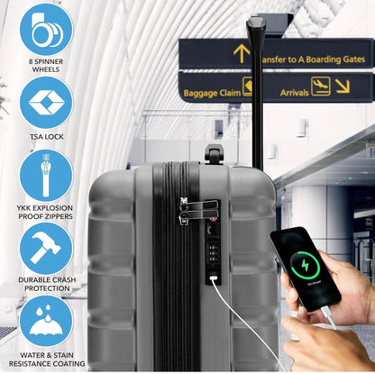 Charcoal- Flight Knight 22x14x9" Expandable Carry On Suitcase Hardside TSA Lock USB C Port Lightweight Luggage