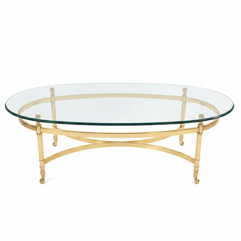 Vintage Mid Century Labarge Style Brass and Glass Oval Coffee Table