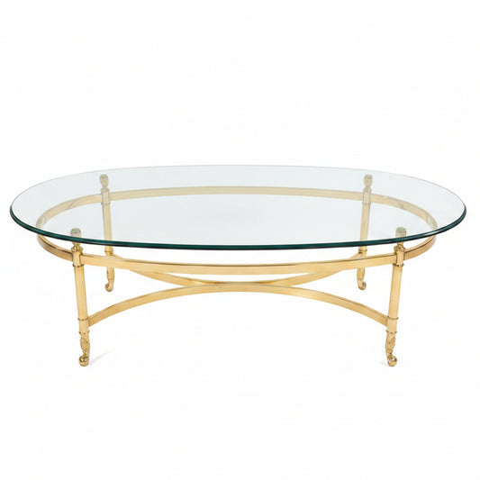 Vintage Mid Century Labarge Style Brass and Glass Oval Coffee Table