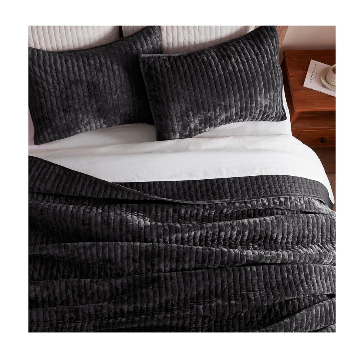 Velevt Quilt California King Size 118 Inch X106 Inch, Lightweight Black Velvet Comforter Set with 2 Matching Shams, Soft Cross Stitch Bedspread Coverlet, Oversized King Bedding Set for All Season (New in Box)