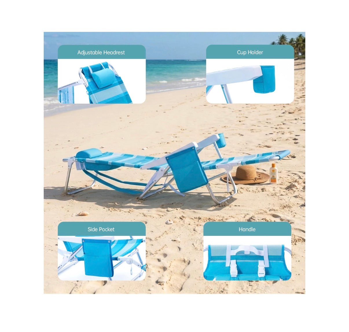 Beach Chair with Footrest High Back 5 Positions Lay Flat Reclining Beach Lounge Chair with Backpack Strap, Cooler Bag & Cup Holder for Outdoor Camping or Lawn (Green and Blue Stripes) (New in Box)