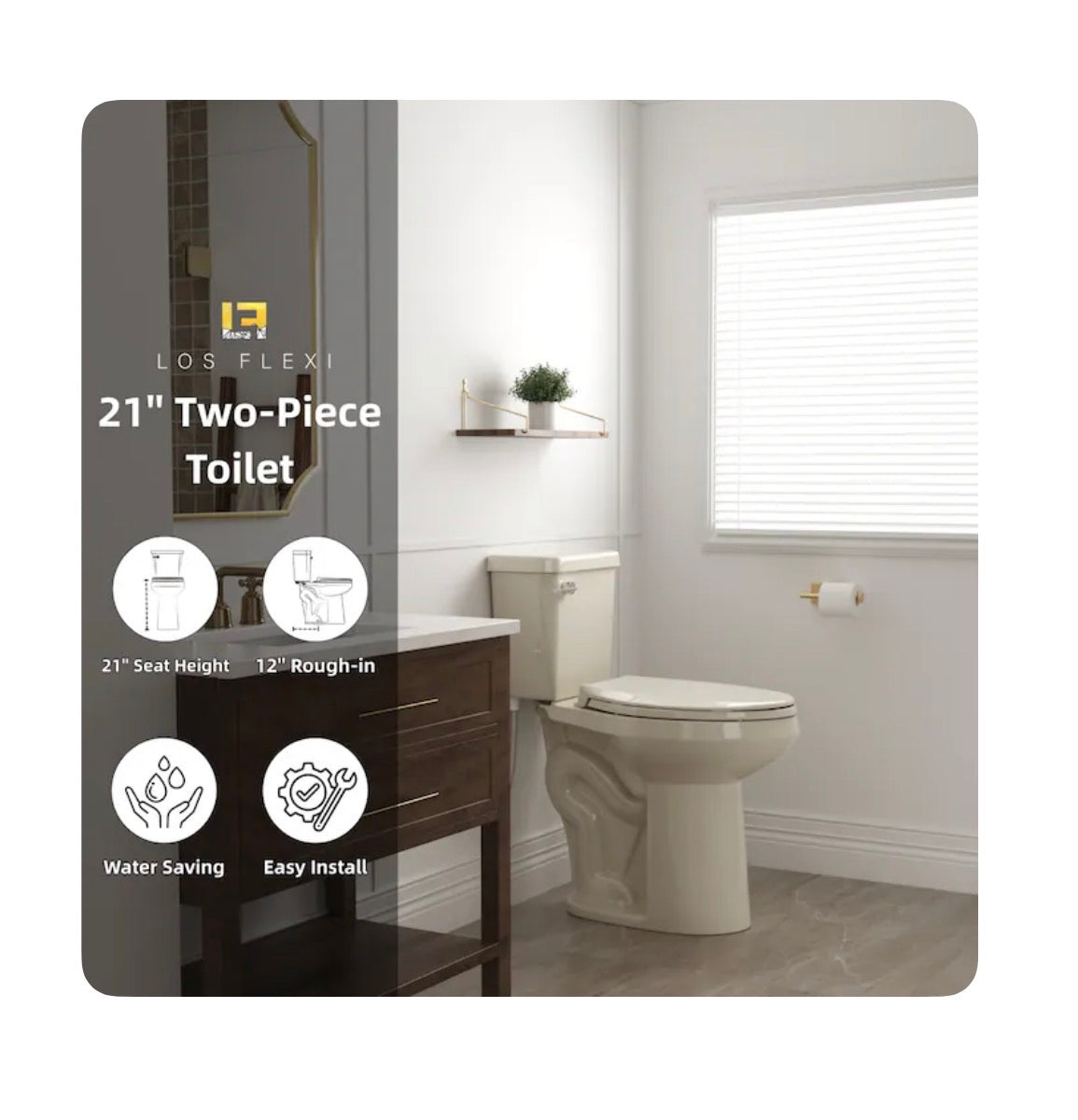 XH Bone 21 Inch Elongated Extra Tall 12 Inch Rough In 1.28 GPF Soft Close 2 Piece Toilet (New in Box)