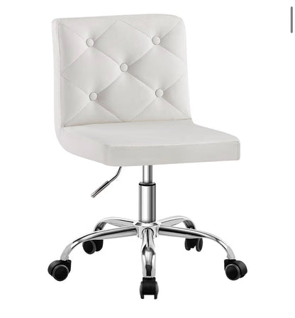 VECELO PU Leather Mid-Back Armless Vanity Chair Adjustable Height 360 Degree Rolling Swivel for Home, Office, Work (White) (New in Box)