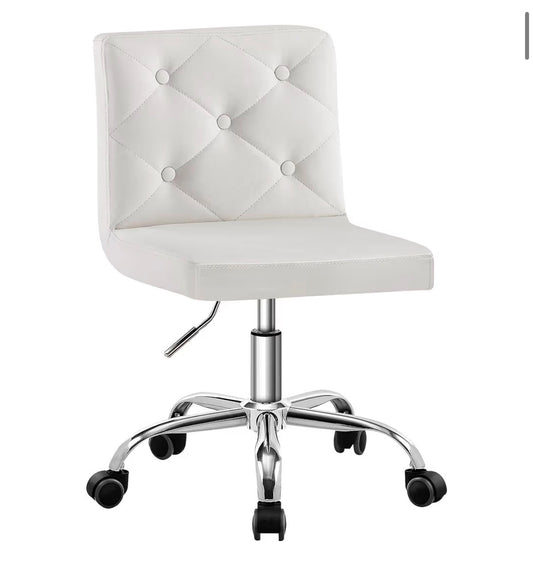 VECELO PU Leather Mid-Back Armless Vanity Chair Adjustable Height 360 Degree Rolling Swivel for Home, Office, Work (White) (New in Box)