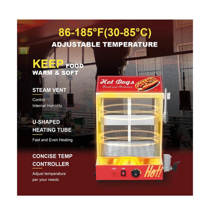 Hot Dog Steamer Machine, 31.7 QT/30L, 2 Tier Electric Hot Dog Steamer with Bun Warmer, Adjustable Temperature, Hot Dog Hut Steamer with Visible Glass Sliding Door, 175 Hot Dogs & 40 Buns Capacity (New in Box)