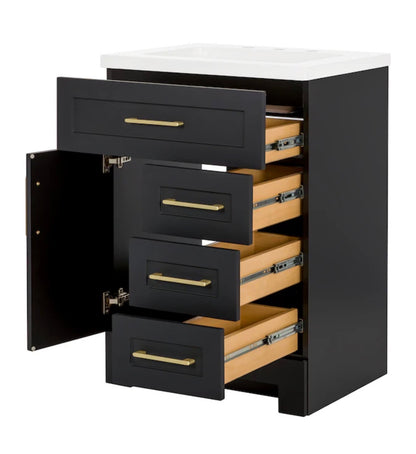 Cauley 24 Inch Black Single Sink Bathroom Vanity with White Cultured Marble Top (Fully Assembled; New in Box)
