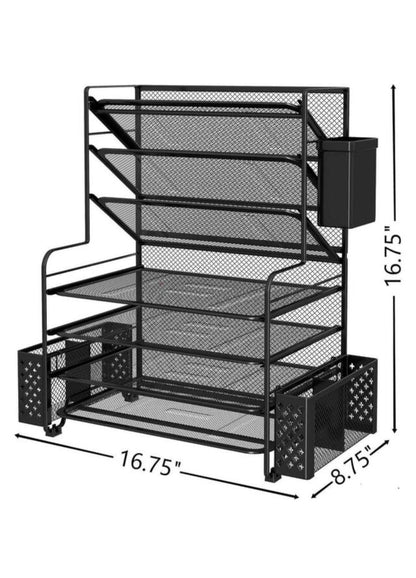 16.75 Inch X 16.75 Inch 7 Tier Desk File Organizer, Letter Tray Paper Organizer and Pen Holder and Metal Hanging Basket (Black)