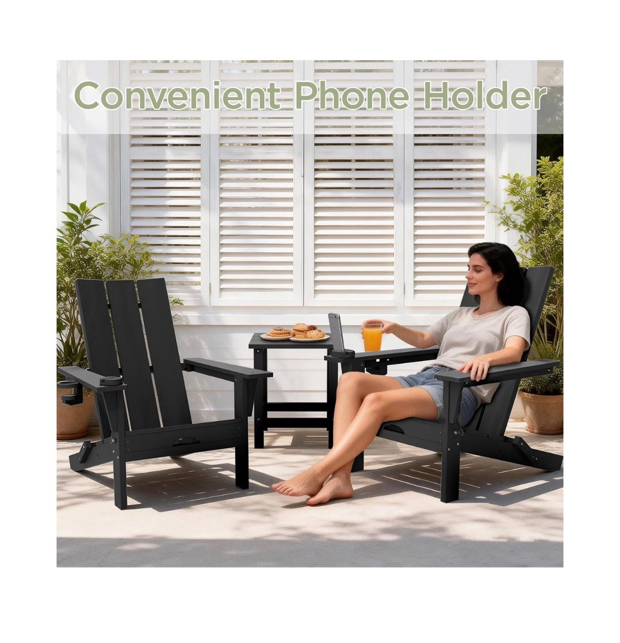 Folding Adirondack Chairs Set of 2, All Weather Outdoor Patio Chairs with Cup Holder and 360 Degrees Rotating Multifunctional Holder, Plastic Fire Pit Chairs for Backyard (Black) (New in Box)
