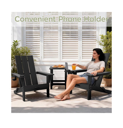 Folding Adirondack Chairs Set of 2, All Weather Outdoor Patio Chairs with Cup Holder and 360 Degrees Rotating Multifunctional Holder, Plastic Fire Pit Chairs for Backyard (Black) (New in Box)